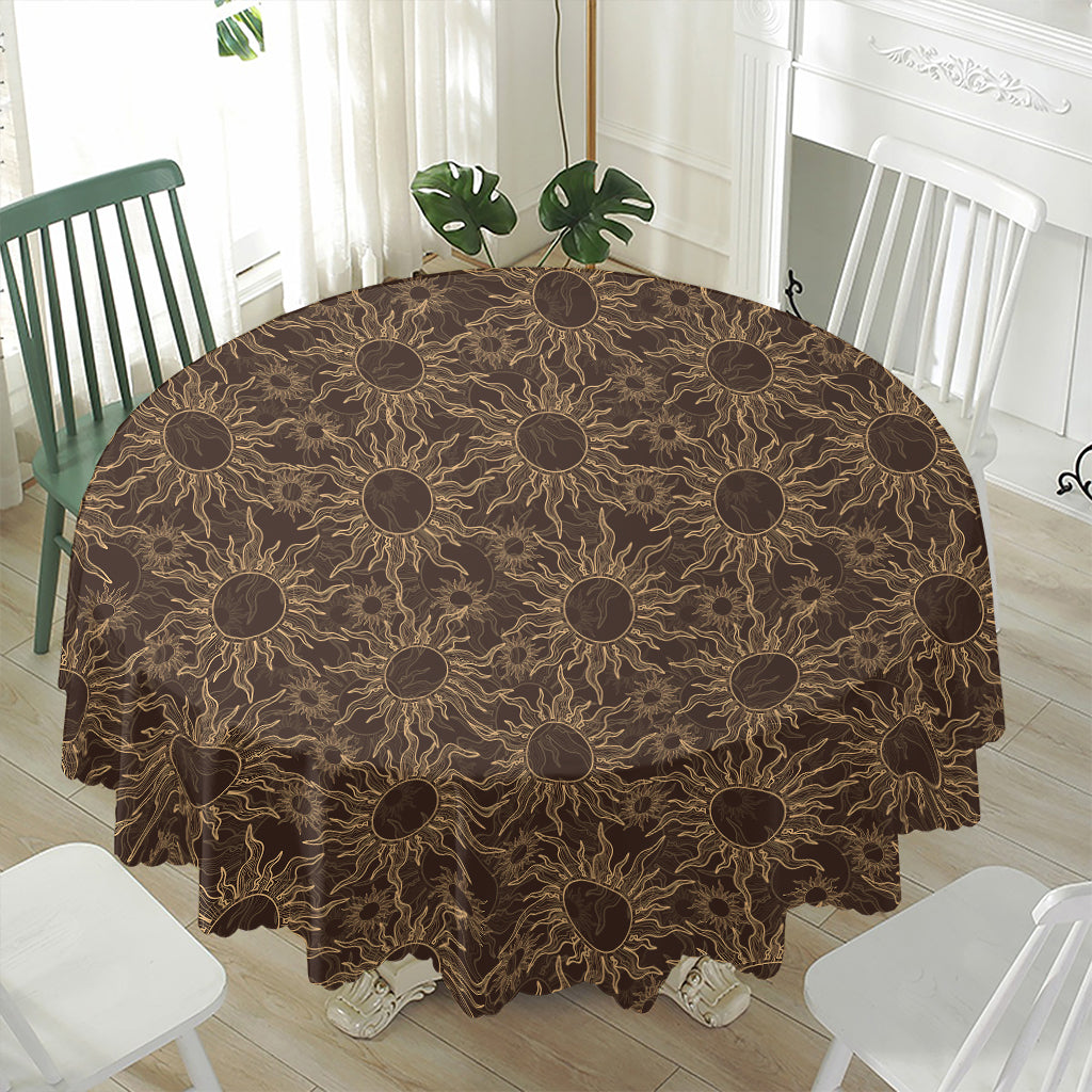 Vintage Sun Pattern Print Waterproof Round Tablecloth