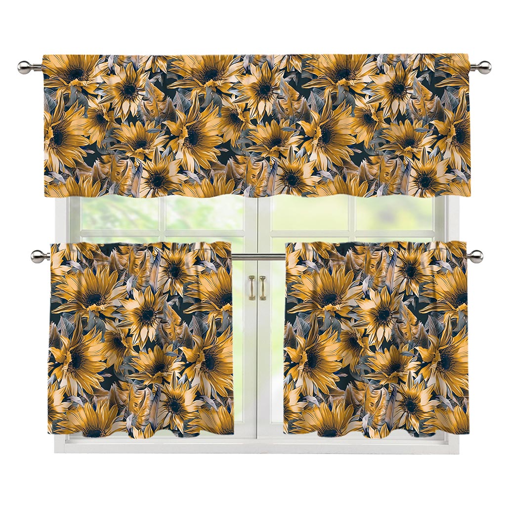 Vintage Sunflower Pattern Print 3 Piece Kitchen Curtains