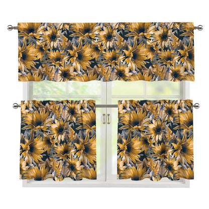 Vintage Sunflower Pattern Print 3 Piece Kitchen Curtains