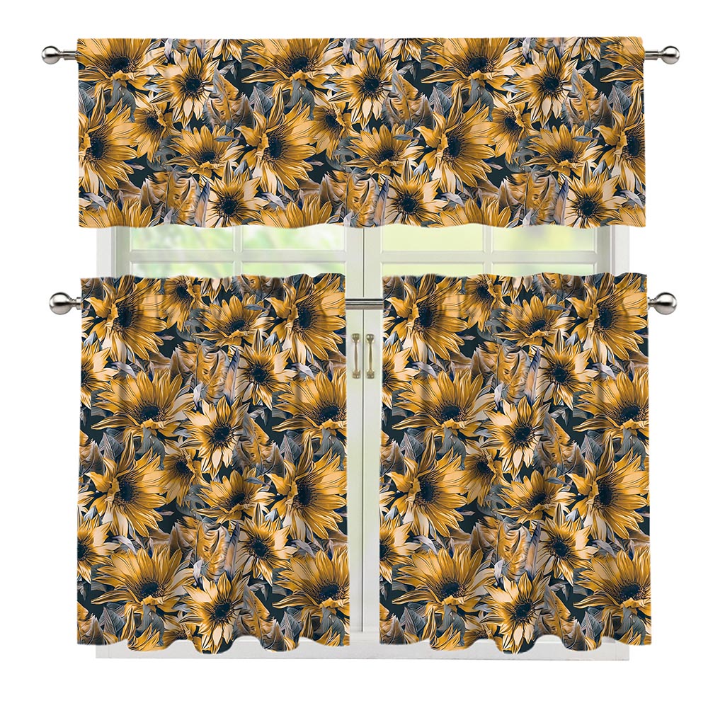 Vintage Sunflower Pattern Print 3 Piece Kitchen Curtains
