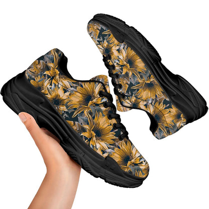Vintage Sunflower Pattern Print Black Chunky Shoes