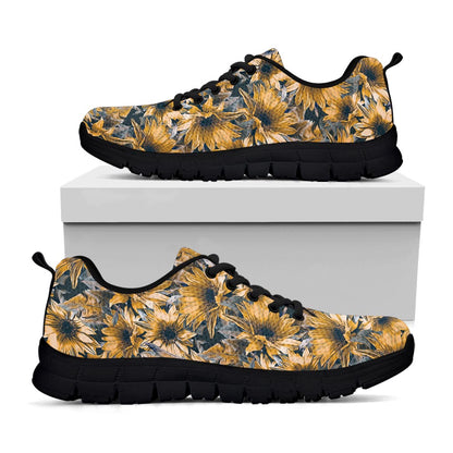 Vintage Sunflower Pattern Print Black Running Shoes