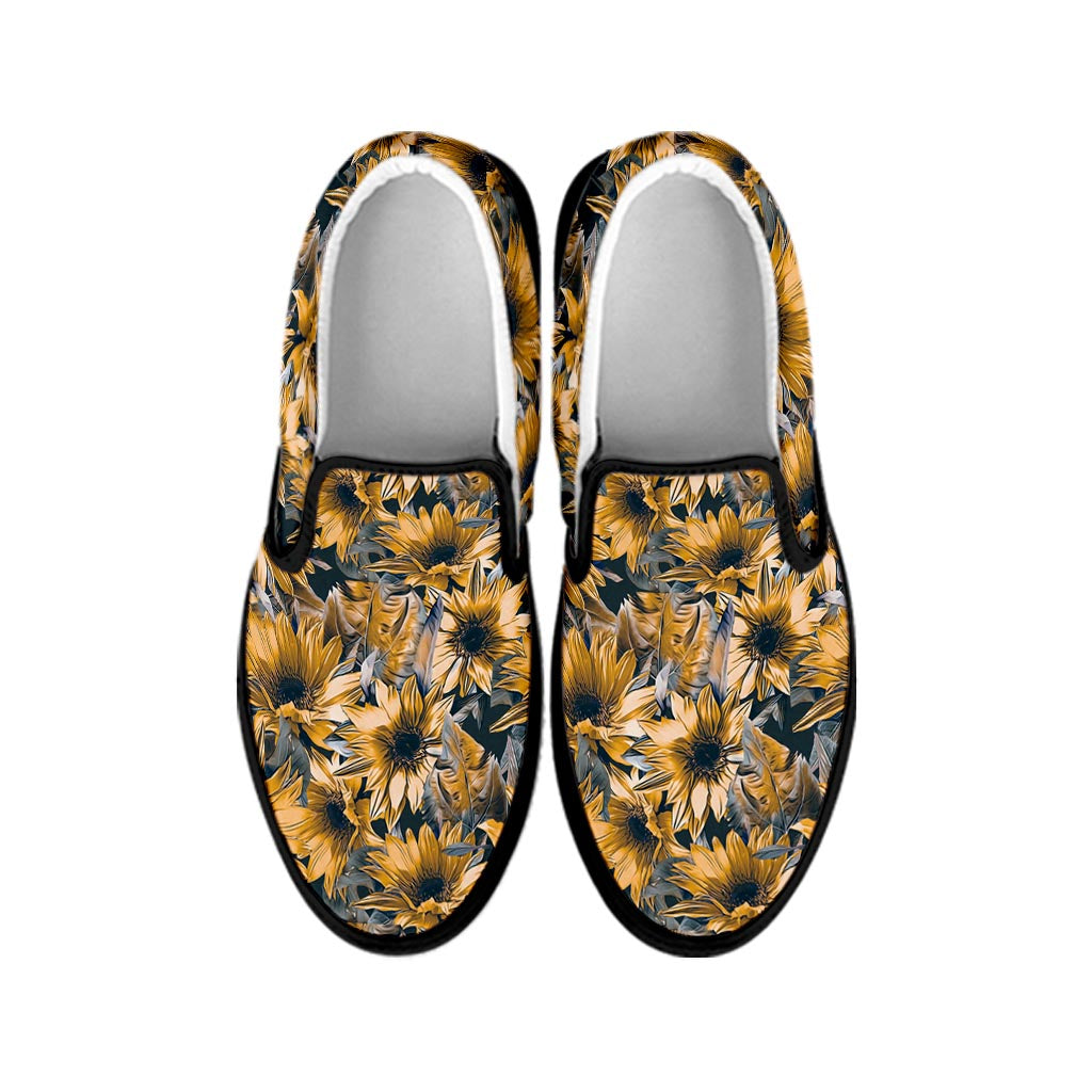 Vintage Sunflower Pattern Print Black Slip On Sneakers