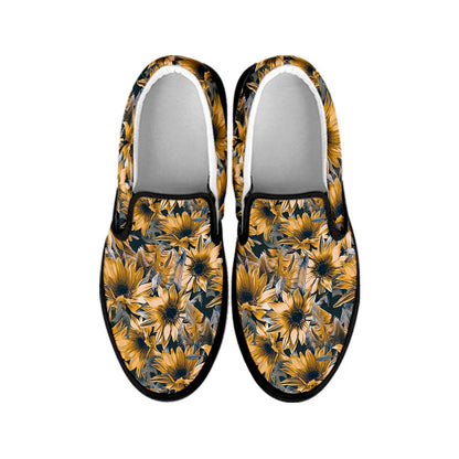 Vintage Sunflower Pattern Print Black Slip On Sneakers