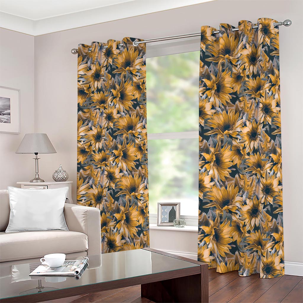 Vintage Sunflower Pattern Print Blackout Grommet Curtains