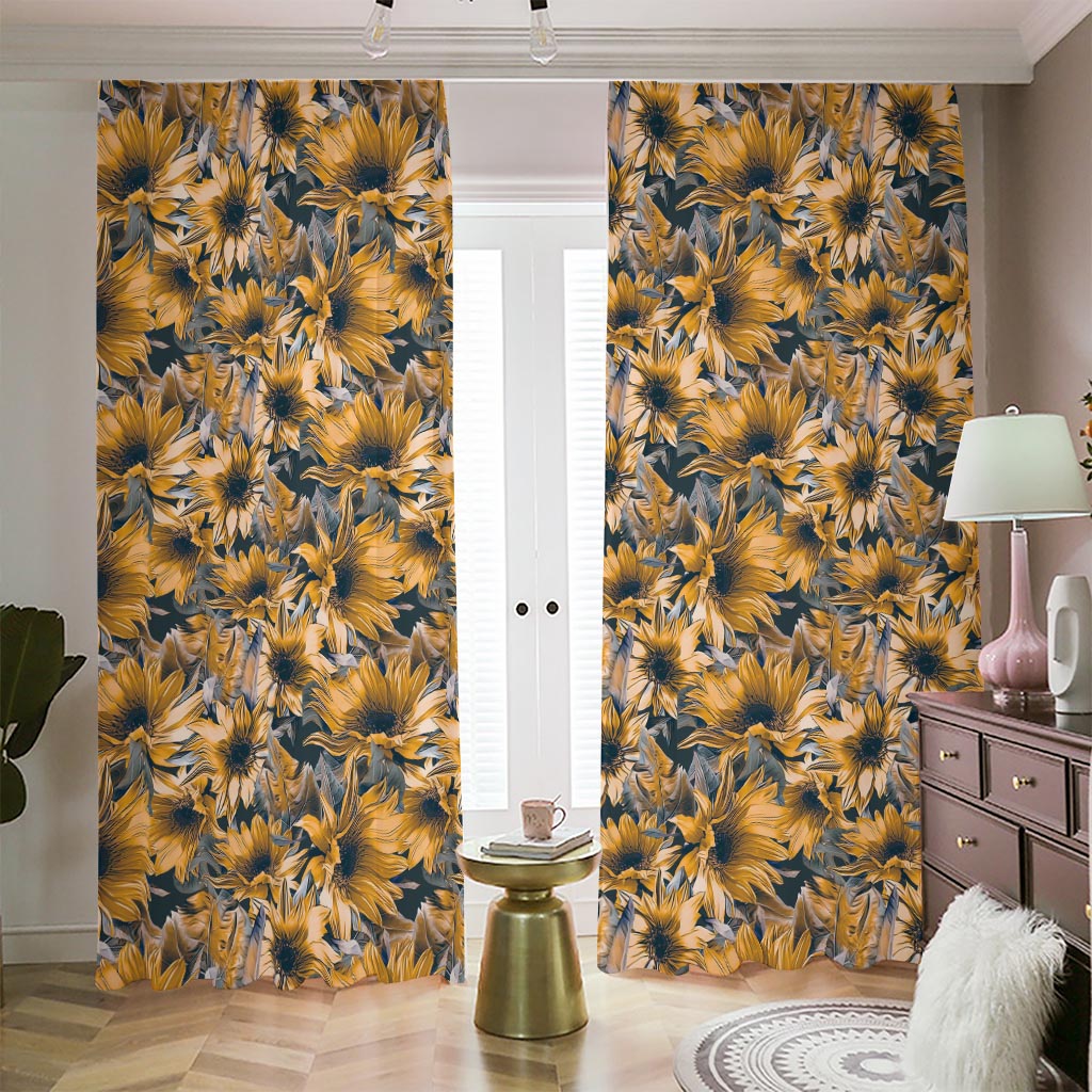 Vintage Sunflower Pattern Print Blackout Pencil Pleat Curtains