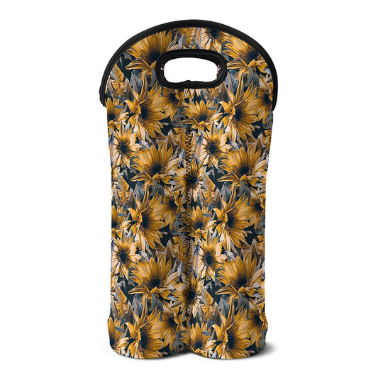 Vintage Sunflower Pattern Print Double Neoprene Wine Tote