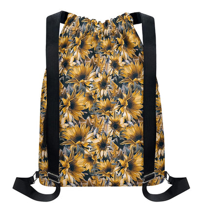 Vintage Sunflower Pattern Print Drawstring Backpack