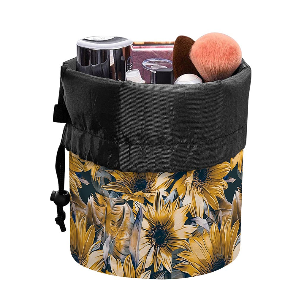 Vintage Sunflower Pattern Print Drawstring Makeup Bag
