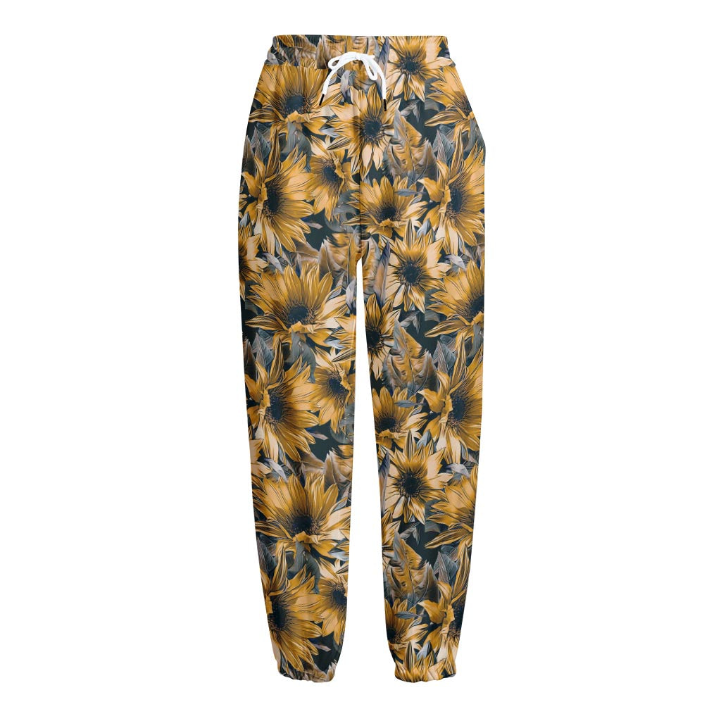 Vintage Sunflower Pattern Print Fleece Lined Knit Pants
