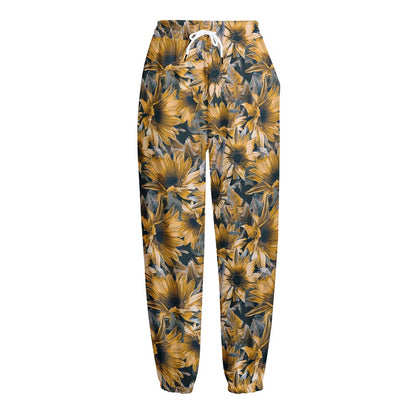 Vintage Sunflower Pattern Print Fleece Lined Knit Pants