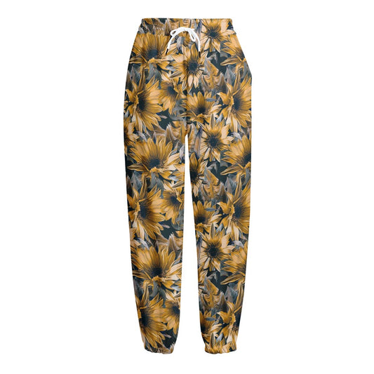 Vintage Sunflower Pattern Print Fleece Lined Knit Pants