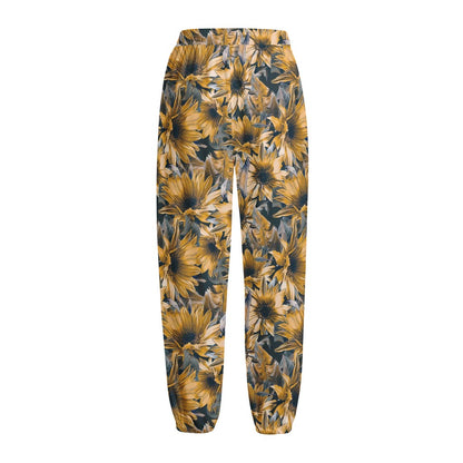 Vintage Sunflower Pattern Print Fleece Lined Knit Pants