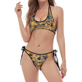 Vintage Sunflower Pattern Print Halter Scoop Tie Side Bikini