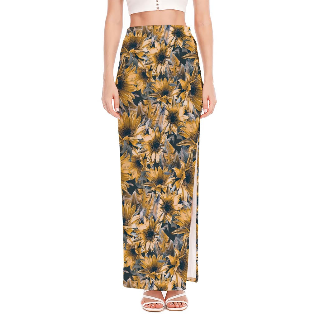 Vintage Sunflower Pattern Print High Slit Maxi Skirt