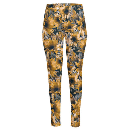 Vintage Sunflower Pattern Print High-Waisted Pocket Leggings