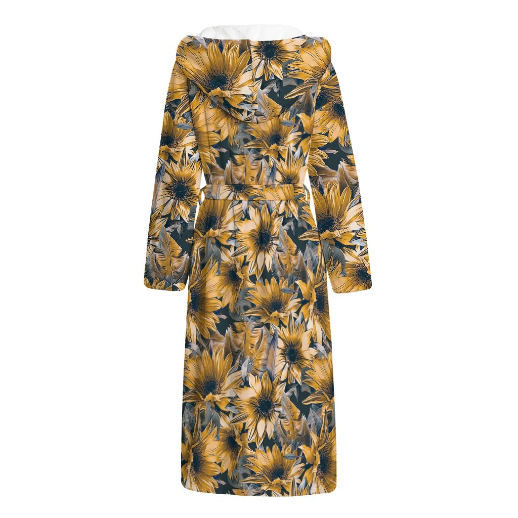 Vintage Sunflower Pattern Print Hooded Bathrobe