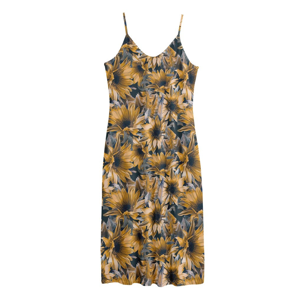 Vintage Sunflower Pattern Print Jersey Midi Cami Dress