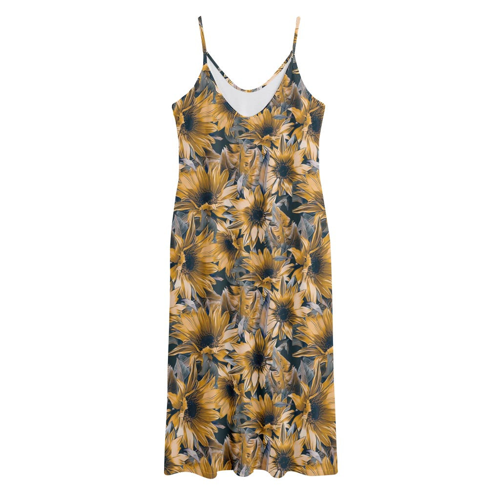 Vintage Sunflower Pattern Print Jersey Midi Cami Dress