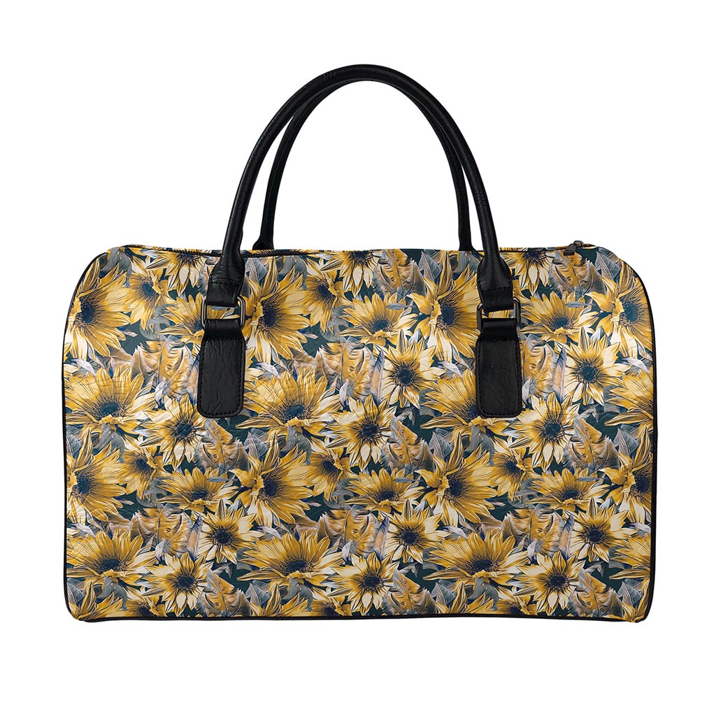 Vintage Sunflower Pattern Print Leather Duffle Bag