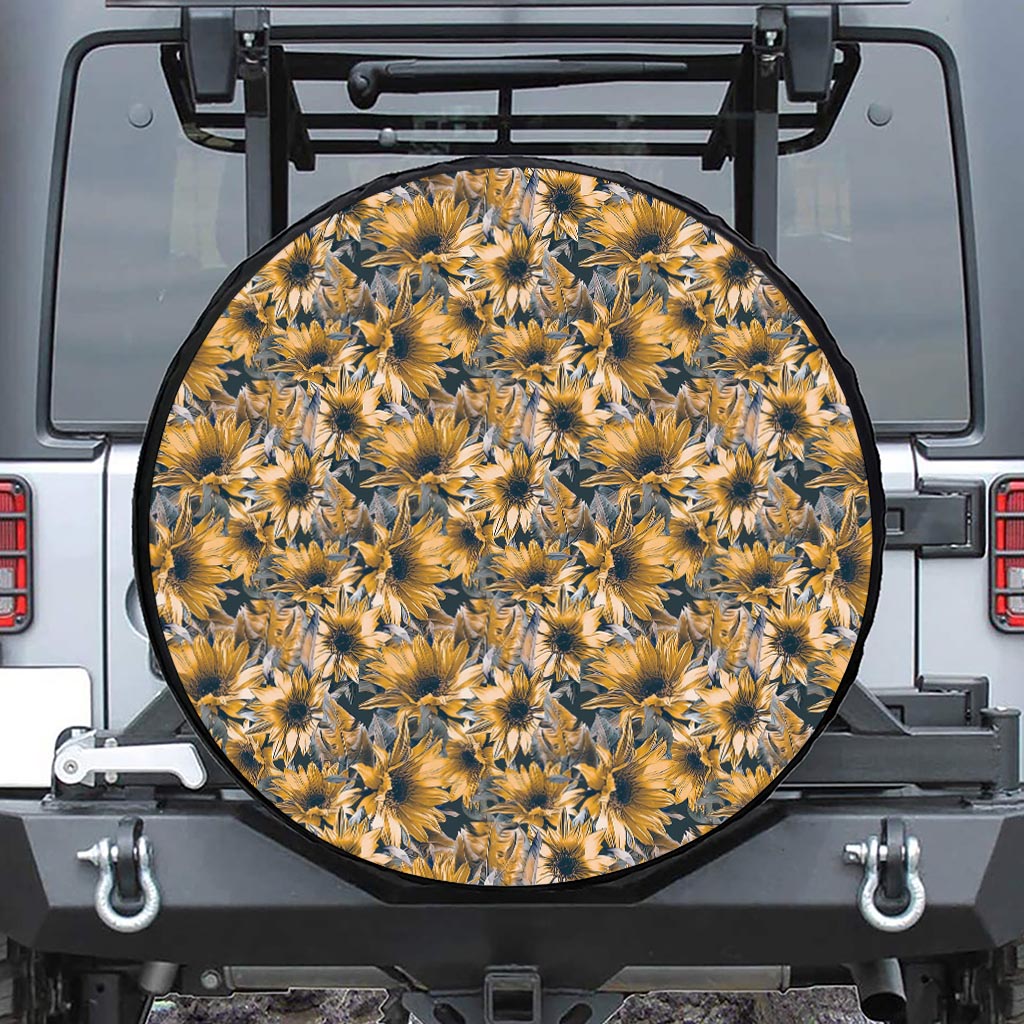 Vintage Sunflower Pattern Print Leather Spare Tire Cover