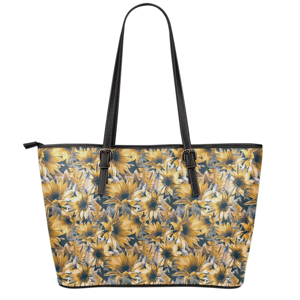 Vintage Sunflower Pattern Print Leather Tote Bag