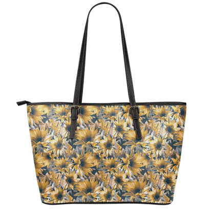 Vintage Sunflower Pattern Print Leather Tote Bag