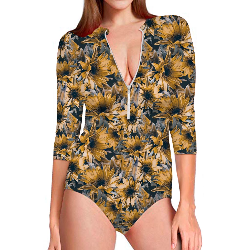 Vintage Sunflower Pattern Print Long Sleeve Swimsuit