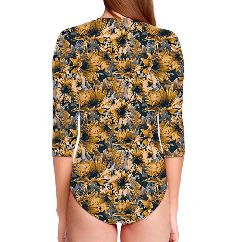 Vintage Sunflower Pattern Print Long Sleeve Swimsuit