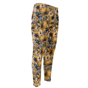 Vintage Sunflower Pattern Print Men's Compression Pants