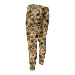 Vintage Sunflower Pattern Print Men's Compression Pants