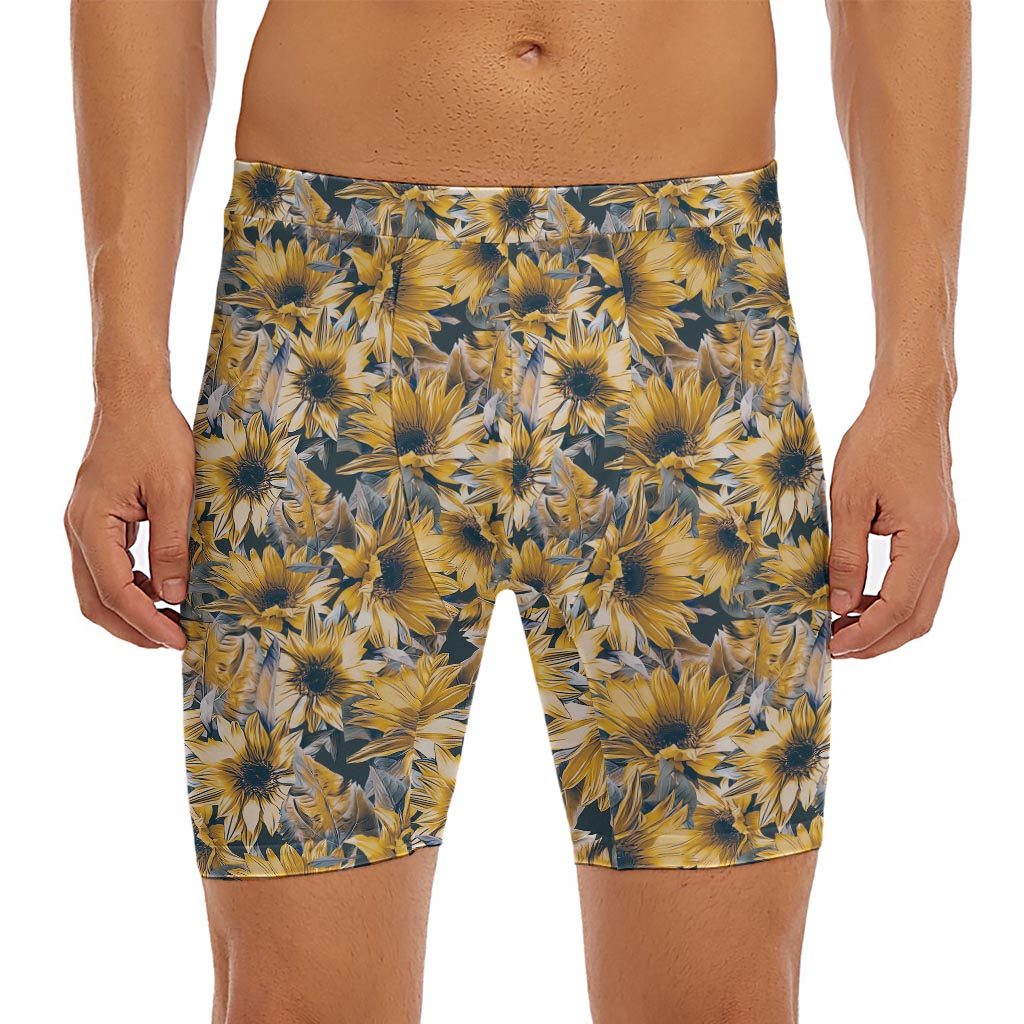 Vintage Sunflower Pattern Print Men's Long Boxer Briefs