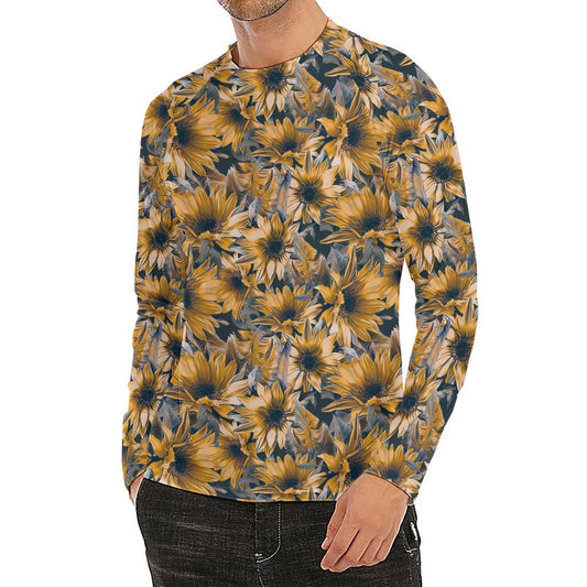 Vintage Sunflower Pattern Print Men's Long Sleeve Rash Guard