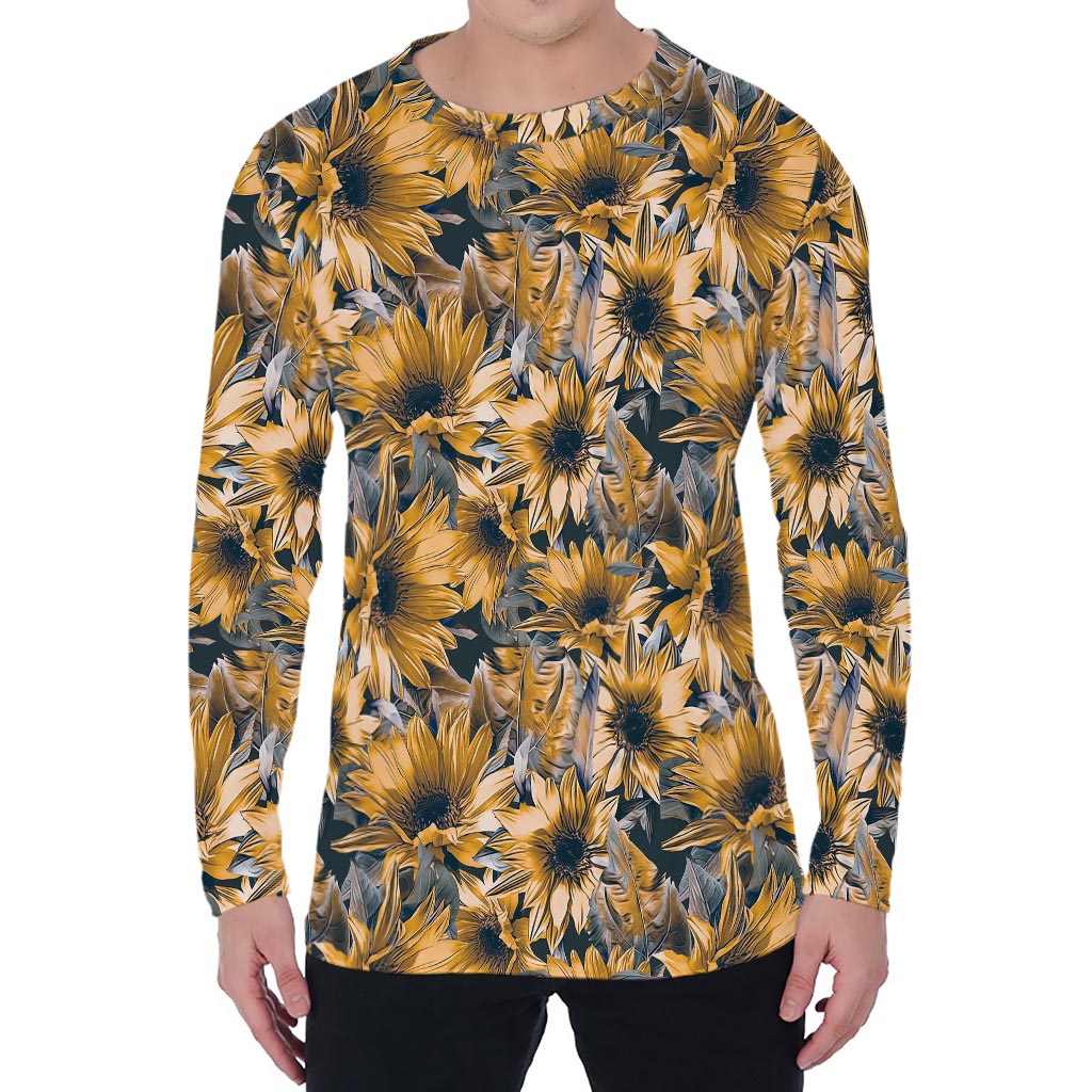 Vintage Sunflower Pattern Print Men's Long Sleeve T-Shirt