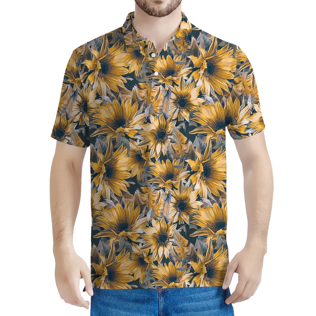 Vintage Sunflower Pattern Print Men's Polo Shirt