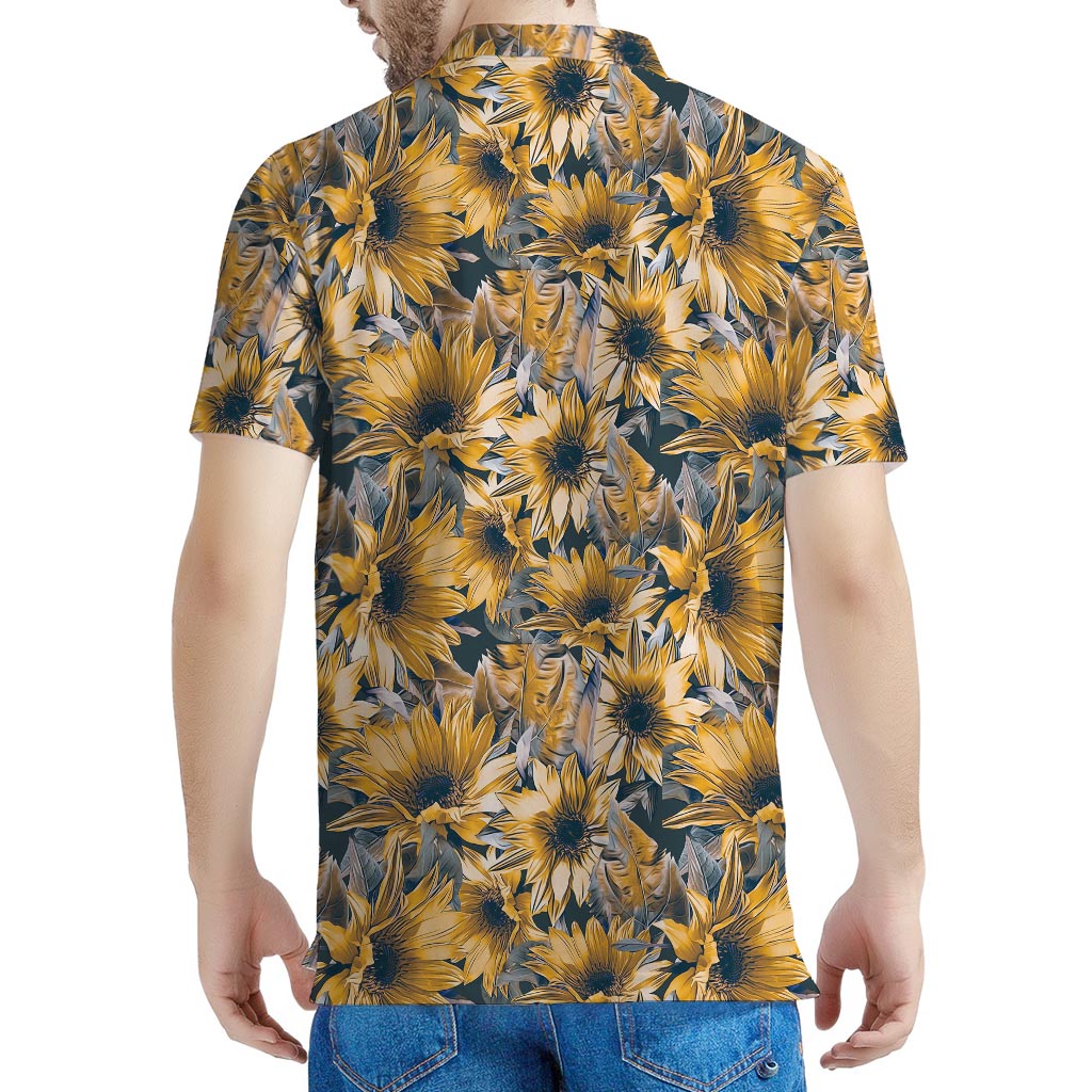 Vintage Sunflower Pattern Print Men's Polo Shirt