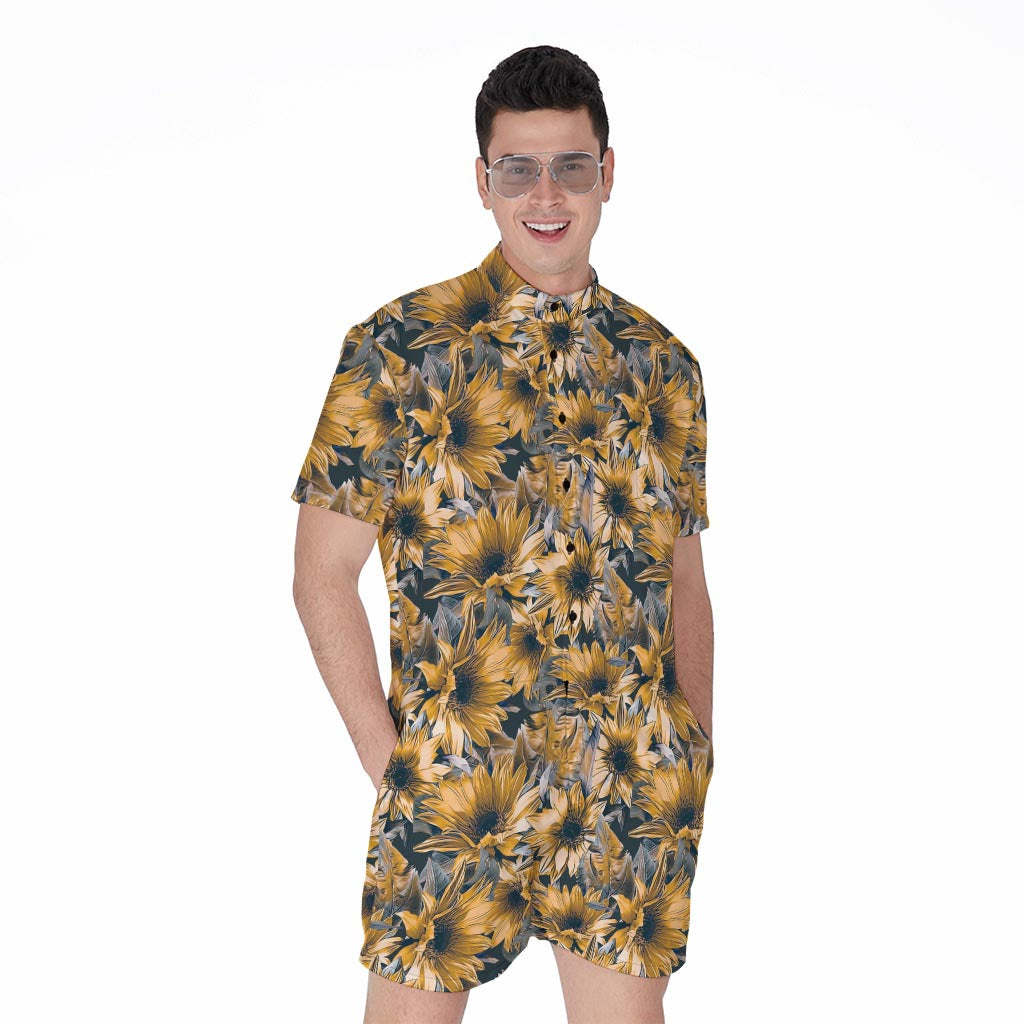 Vintage Sunflower Pattern Print Men's Rompers
