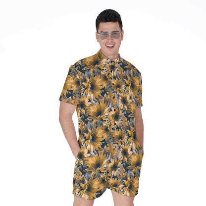 Vintage Sunflower Pattern Print Men's Rompers