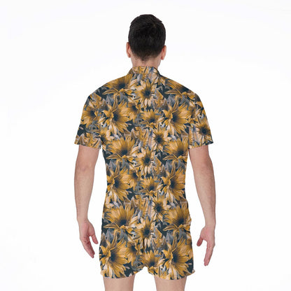 Vintage Sunflower Pattern Print Men's Rompers