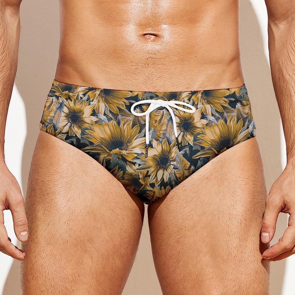 Vintage Sunflower Pattern Print Men's Swim Briefs