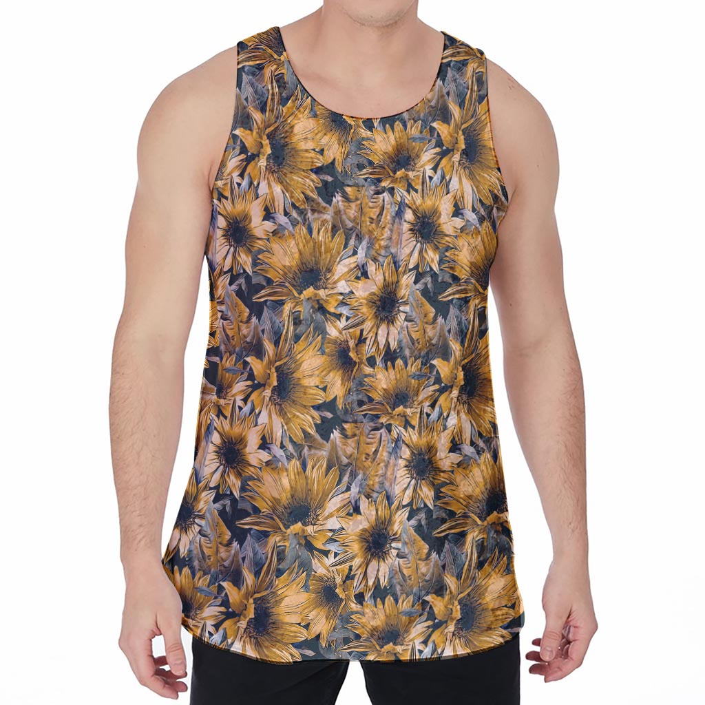 Vintage Sunflower Pattern Print Men's Velvet Tank Top