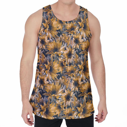 Vintage Sunflower Pattern Print Men's Velvet Tank Top