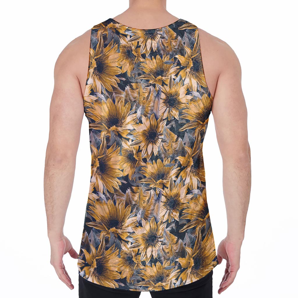 Vintage Sunflower Pattern Print Men's Velvet Tank Top