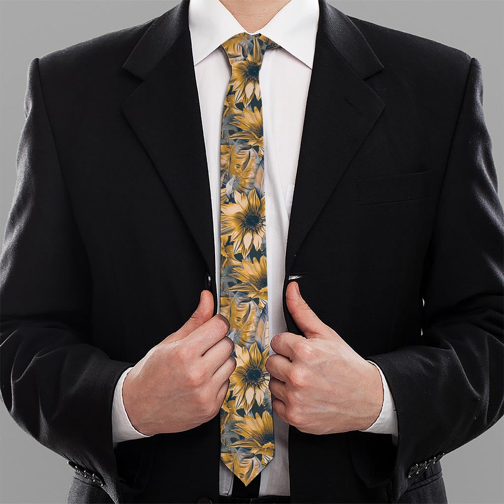 Vintage Sunflower Pattern Print Necktie