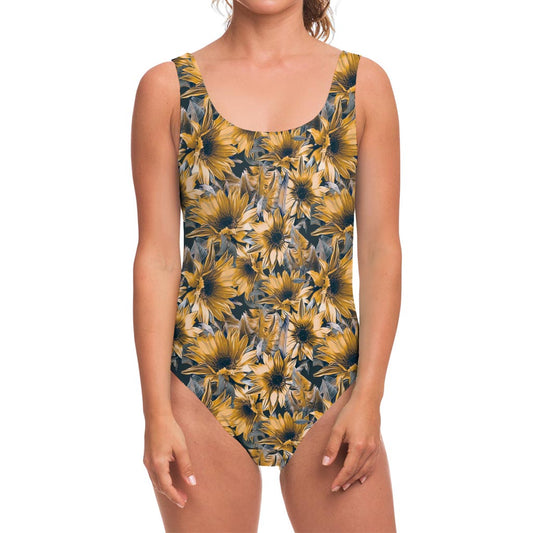 Vintage Sunflower Pattern Print One Piece Swimsuit