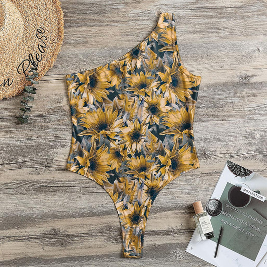Vintage Sunflower Pattern Print One Shoulder Bodysuit