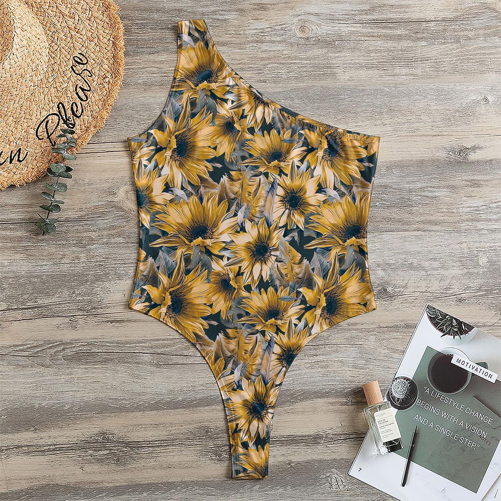 Vintage Sunflower Pattern Print One Shoulder Bodysuit