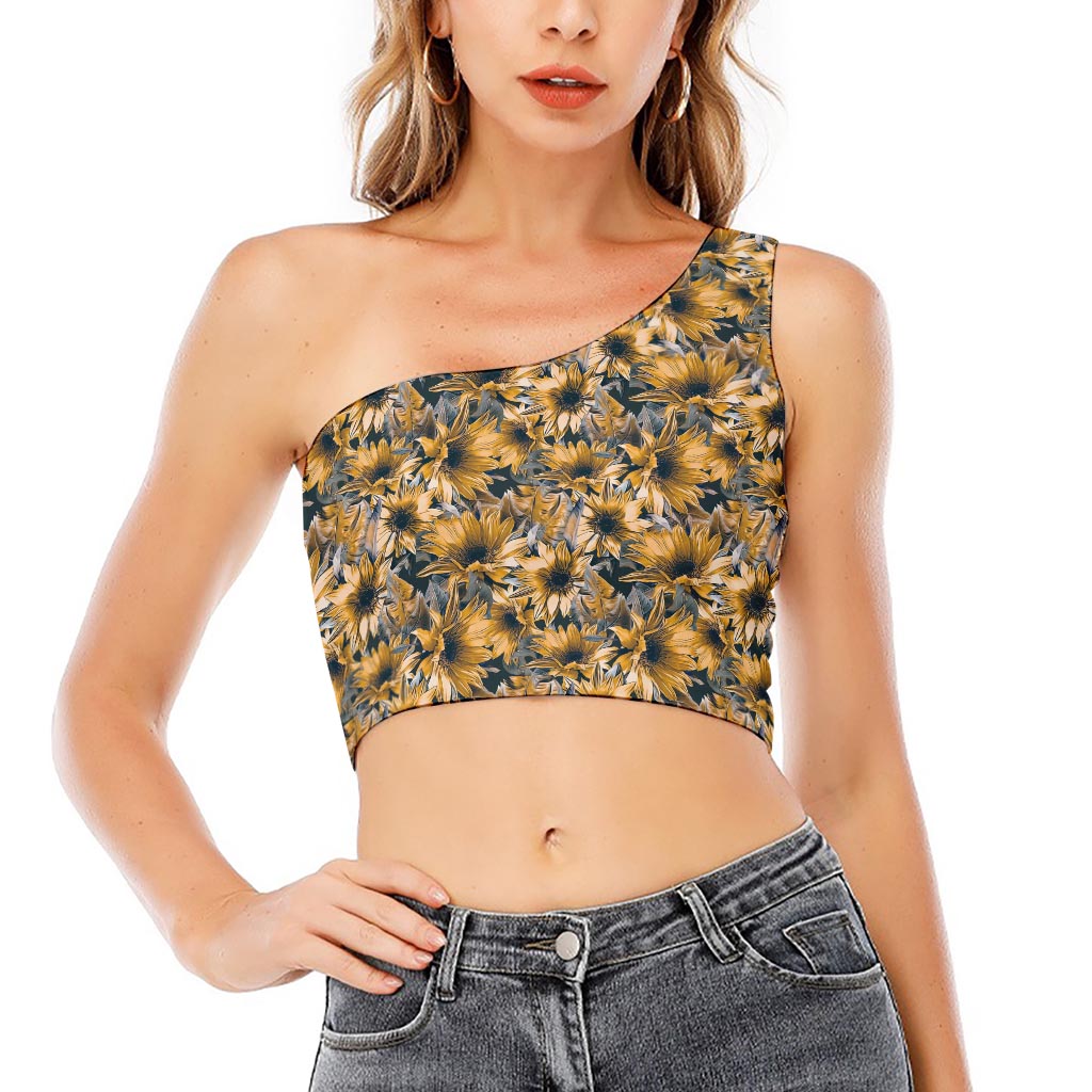 Vintage Sunflower Pattern Print One Shoulder Crop Top