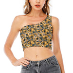 Vintage Sunflower Pattern Print One Shoulder Crop Top