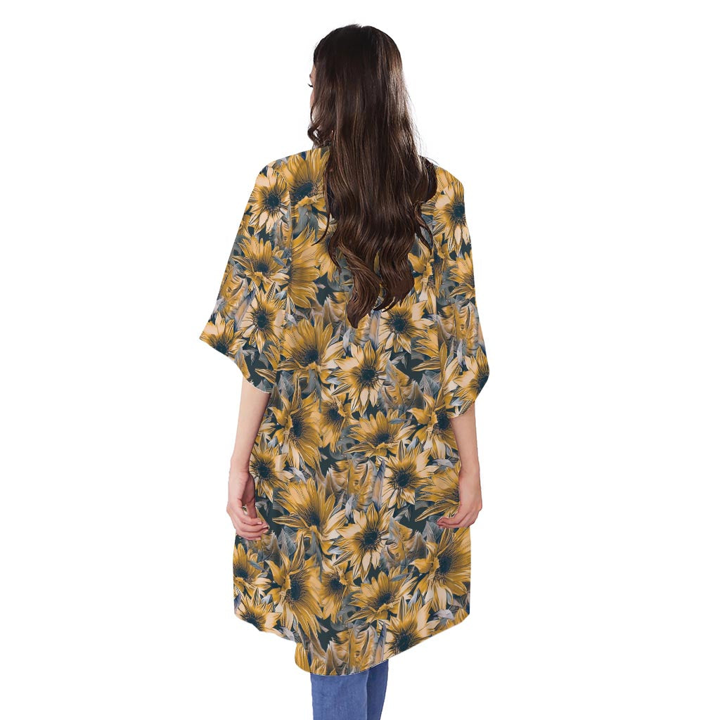 Vintage Sunflower Pattern Print Open Front Beach Cover Up